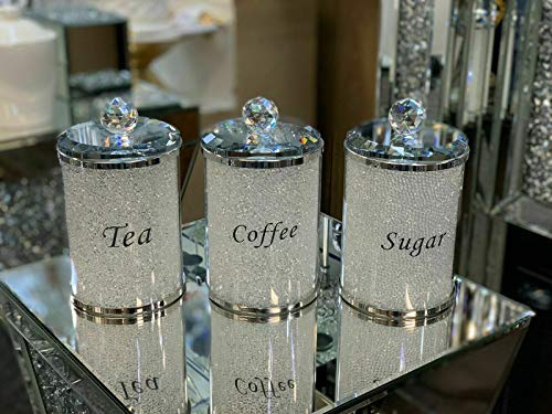 DEENZ Diamond Style Crystal containers for Coffee Tea Sugar Kitchen Storage tins, Canisters, Jars. Jars setcrushed diamond loose jewel Ideal for Gift to love one's (white crystal/silver edge)