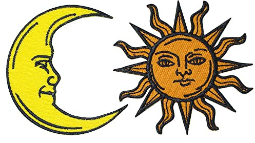 CLOVER INTER 2 Pcs Sun and Moon Patches Iron on Embroidered Badge Saw On Patch for Jeans, Clothing, Bags, Jackets, Caps