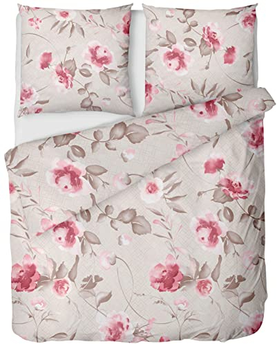 LINHKOFF Fein-Biber Bettwäsche 135x200 2tlg - Blumenmuster Rose Creme - 100% Baumwolle - Blätter Floral Bettwäsche-Set - Baumwollbettwäsche - Bettzeug mit Kissenbezug 80x80