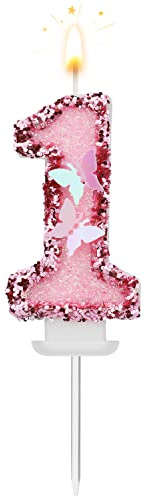 8 X 5 cm Geburtstag Nummer Kerzen, Glitzernde Zahlenkerze Rosa Zahlenkerzen Kuchenaufsatz Schmetterlings-Geburtstagskerzen mit Pailletten für Jubiläumsfeiern (Nummer 1)