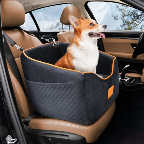 XIEEAOZEE Dog Car Seat for Small Dogs, Memory Foam Booster Dog Seat for Dogs up to 35 lbs, Elevated Pet Car Seat with Washable Removable Cover, Storage Pockets (Black)