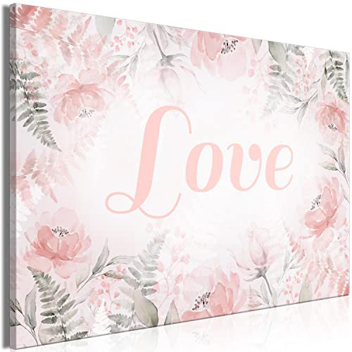 B&D XXL - Akustikbild Aufschrift Love Bilder Akustikschaum Hochleistungsschallabsorber Schallschutz Leinwand 1 tlg Wandbild Raumakustik Schalldämmung Liebe Blumen Farn rosa grün