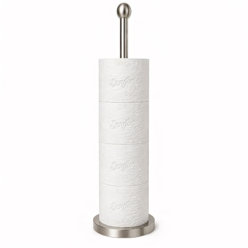 Songtec Support de Papier Toilette avec réserve, Support de Rouleau de Papier Toilette sur Pied pour 4 Rouleaux, Design Compact pour Salle de Bain – Nickel brossé