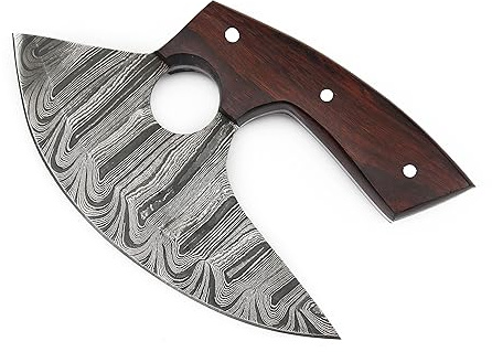WARIVO KNIFE Damascus Ulu Knife Pizza Cutter Rocker Knife Mezzaluna Knife with sheath Rocker Boning Knife for Slicing, Chopping, Camping, Outdoor Wrosewood Handle