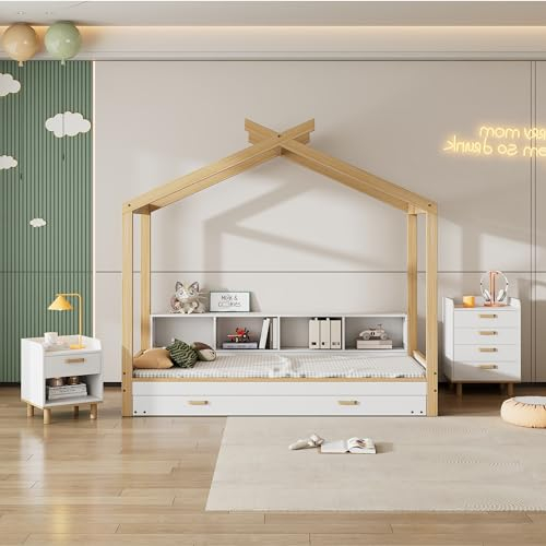 I0I&I0I Kinderzimmerkombination, Komplettschlafzimmer Set, Hausbett+Nachttisch+Kommode, Kinderbett mit Vier Fächern Regale und Drop-Down-Rollbett,Kommode (Weiß+Natur)