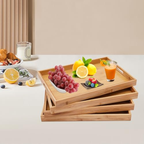 4 Stück Bambus Tablett Serviertablett, Tablett Aus Holz mit Griffen, Rechteckig Servierplatten & Küchentablett für Restaurants Haushalte Grillpartys Freien 46 * 33 * 3.5cm