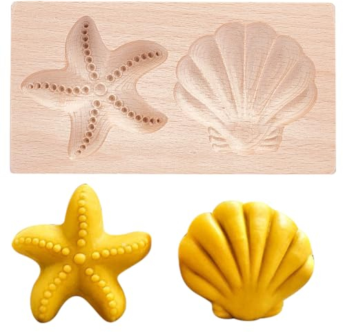 GOMAKRER 1 Pcs Carved Wooden Starfish Shell Cookie Mold, Kitchen Wooden Cookie Cutter 3D Biscuit Press Stamp Molds Gingerbread Cookie Stamp for Christmas Easter Kitchen DIY Baking Tools