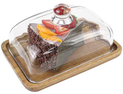 Mantequera de bambú con tapa de vidrio, bandeja de postre de vidrio, plato de queso transparente para Acción de Gracias, Navidad, Año Nuevo, 7.4 x 4.9 pulgadas