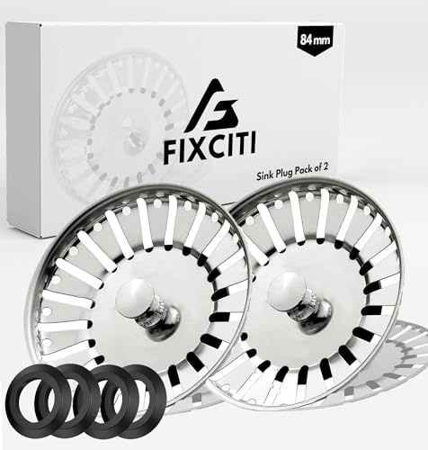 Fixciti 84mm/2Pcs Sink Strainer UK Plug - Stainless Steel, Anti-clog Kitchen Sink Plug Replacement With 4 Rubber Seals - Dual Functional Sink Drain Strainer - Food Catcher, High Flow Strainer