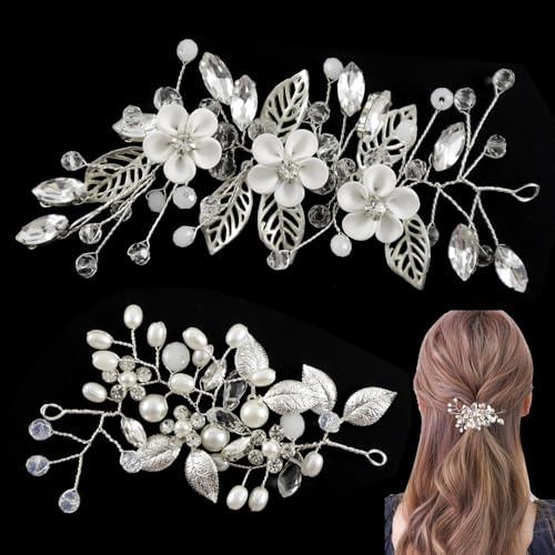 GOIYZTTR 2 Stück Blume Blatt Kopfschmuck Silberkristall Haarschmuck Hochzeit Braut Blume Hochzeit Haar Reben für Damen und Mädchen