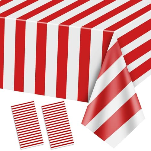2 Stück Karneval Tischdecken, Rot-weiß Gestreifte Tischdecken, Rote Kunststoff-Tischdecke, Zirkus-Mottoparty-Dekorationen Für Karneval, Filmabend, Kindergeburtstag, Weihnachten, 130 X 220 cm