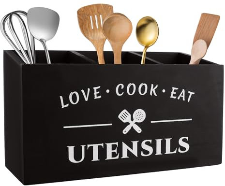 LOPYXBR Kitchen Utensils Holder with 3 Compartments Large Black Utensil Holder Rustic Wooden Utensil Holders & Organisers for Countertop Decor, Cooking Tools