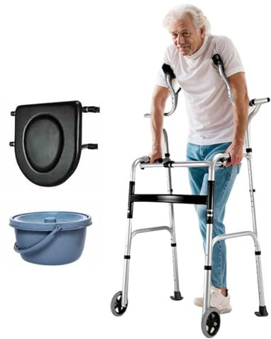 Joyfitness Vikbar standardvagn, lätt rehabiliteringshjälpmedel i aluminiumlegering, justerbar, upprätt gångbocken med sittplatta, underarmsarmstöd gångstöd