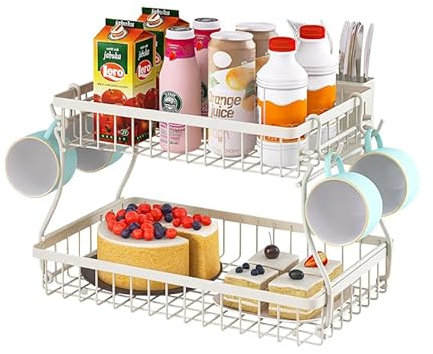 Bandeja de frutas de 2 capas apta para encimera de cocina, estante para frutas y verduras con soporte para cubiertos y gancho para vasos, estante de metal extraíble para encimera de cocina (Blanco)