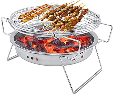 Barbecue au Charbon de Bois en Acier Inoxydable, Mini Barbecue au Charbon de Bois, réchaud Rond Portable Pliable, pour Pique-Nique en Plein air, Camping, randonnée, terrasse, Taille M