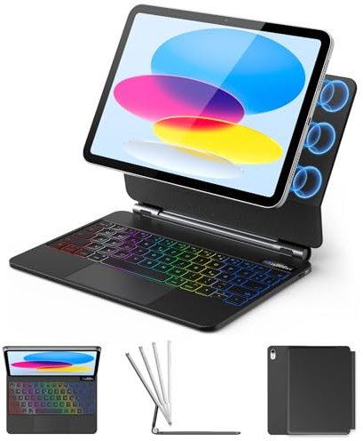 KBCASE Tastatur Hülle für iPad A16 11.Generation 2025/10.Generation 2022 | Magic Keyboard mit Präzises Touchpad, Freitragender Ständer, 7 Farben Beleuchtete, Genaue Akku-Anzeige, QWERTZ, Schwarz
