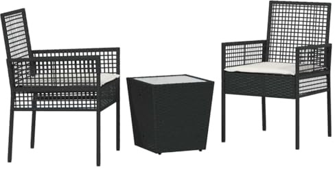 vidaXL 3-teiliges Bistro-Set für den Garten mit Kissen, schwarz, aus Poly-Rattan. Wetterfest, langlebige Möbel für draußen. Stylisches und bequemes Sitzmöbel für Terrasse und Deck mit einem Esstisch.
