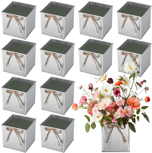 Ninehaoou 12 Pack Galvanized Square Vases with Floral Foam, 3.5 inch Waterproof Rustic Tin Buckets with Twine Bows, Mini Farmhouse Metal Planter Centerpieces for Wedding Party Table Decor(Silver)