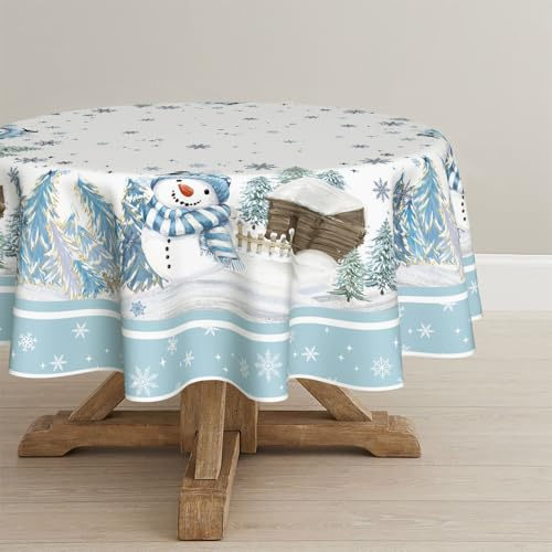 Artoid Mode Blau Schneemann Bäume Holzhaus Weihnachten Tischdecke Rund 140 cm, Winter Fleckschutz Tischwäsche Küche Dekoration Party Dekor