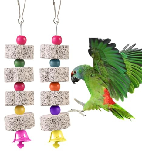 SIXHAOBU 2 Stück Große Vogel Kauspielzeug,Mineralstein-Backenzahn-Spielzeug mit Glocke, Vogelschnabel-Schleifstein,Kauspielzeug für Papageien, für Kakadu, Sittich, Wellensittich, Lovebird