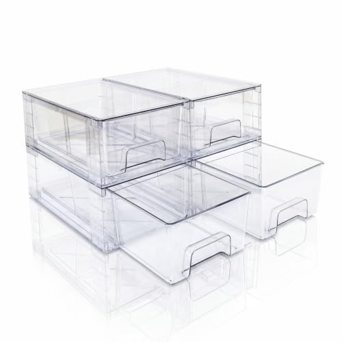 XWYWX Lot de 4 Tiroirs de Rangement Empilables Transparent Petit Modèle, Organisateurs Acrylique avec Poignées, pour Réfrigérateur, Salle de Bain, Cuisine, Placard, Rangement Garde-Manger