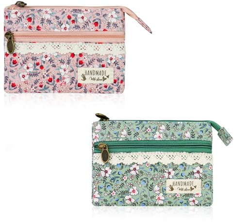 FuninCrea Mini Geldbeutel Damen Münzbeutel für mit 2 Reißverschlusstaschen, Blumenmuster Coin Purse Frauen und Mädchen, Baumwolle Damen Kleingeldbörse für Karte Kleingeld Münzen (Stil 1)
