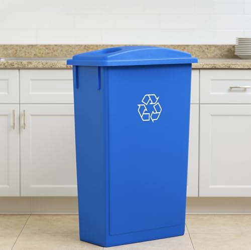 Commercial Plastic 23 Gallon Slim Rectangular Bin with Bottle Slot Lid (Blue Recycling)