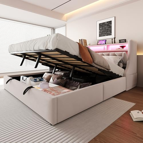 Sapgaks Lit 180x200 avec Sommier LED et USB, Lit Coffre 180x200 avec Rangement et Tete de Réglable, Capitonné Double avec à Lattes, 2 Personnes Cadre de(sans Matelas)