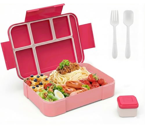 Carehabi Fiambrera Bento Box 6 Compartimentos, Tartera Comida Trabajo - Lunch Box con Cubiertos y Salsera - Porta Comida Hermético para Oficina, Viaje, Microondas y Lavavajillas - Sin BPA