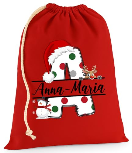 OM3 Personalisierter Weihnachtsbeutel aus Baumwolle - Geschenkbeutel mit Initiale & Wunschname - nachhaltiges Stoff-Säckchen mit Kordelzug für Weihnachten
