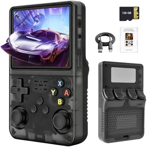 R36S Retro Handheld Video Game Console, 128GB Retro Gaming Console, 3.5 Inch HD Screen,40000+ Classic Games, Open Source Linux System, 3500mAh Battery, Portable Game Console for Present (Black)