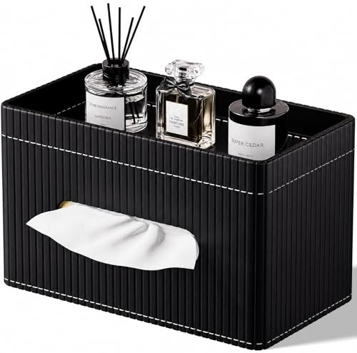 KINGFOM Kosmetiktücherbox aus PU Leder, Rechteckige Taschentuchbox mit Ablage, Moderne Tissue Box Taschentuchspender für Wohnzimmer, Badezimmer & Büro (Schwarz)