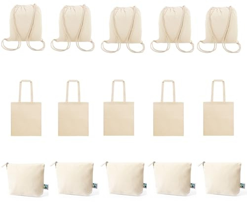 Adri - Mochila de Algodón con Cuerdas, Bolsa con Asas, Neceser de Algodón para Pintar y Regalar (Pack de 5)