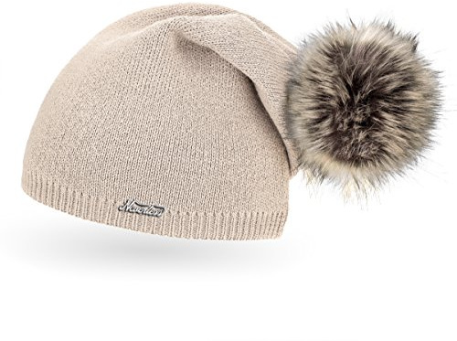 Neverless® außergewöhnliche Damen Strickmütze mit Fell-Bommel, Strick-Beanie