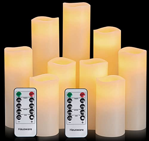 Hausware Set di 9 Candele senza fiamma, 10,2 cm 12,7 cm 15,2 cm 17,8 cm 20,3 cm 22,9 cm funzionamento a batteria, per esterni luci LED candele con telecomando e timer (avorio)