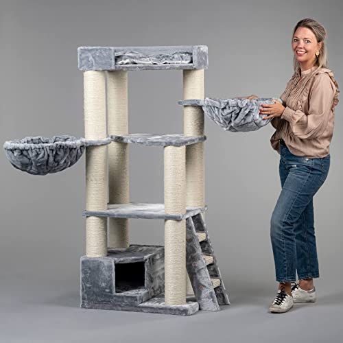 RHRQuality Árbol rascador para Gatos Grandes - Corner Coon Gris Claro - con Postes de sisal Extra Gruesos de 12 cm