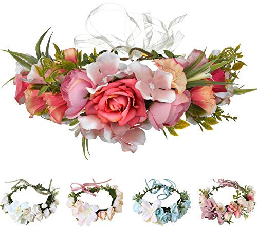 Handgefertigte verstellbare Blumenkranz-Stirnband Halo Blumenkranz Kopfbedeckung Hochzeit Festival Party - Pink - Einheitsgröße