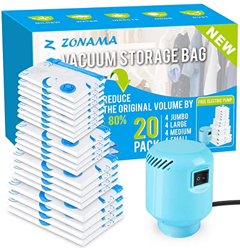 Vacuum Storage Bags with Electric Air Pump, 20 Pack (4 Jumbo, 4 Large, 4 Medium, 4 Small, 4 Roll Up Bags) Space Saving Bag for Clothes, Mattress, Blanket, Duvets, Pillows, Comforters,Travel