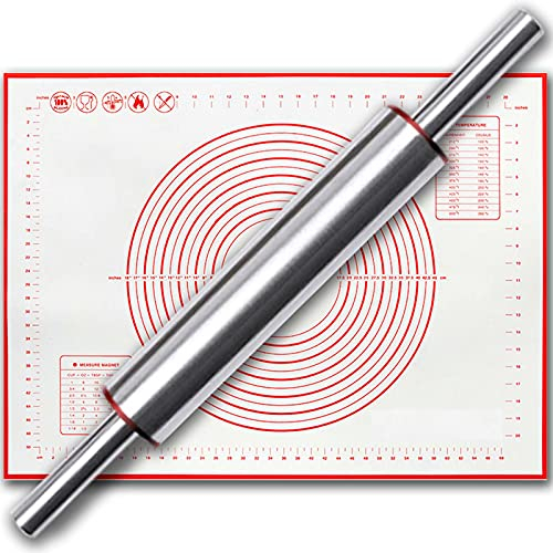 Mattarello Acciaio Inox con Manici | Mattarello Antiaderente con Tappetino Silicone | Mattarelli Rullo per Pasta di Zucchero, Ravioli, Biscotti, Tortellini, Fondente, Pizza, Pasta Sfoglia | 44.9*5.9cm