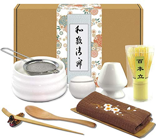 Artcome Juego de 10 piezas de té matcha japonés, cuenco matcha, batidor matcha, cuchara tradicional, cuchara de té, paño de té, contenedor para polvo Matcha, colador de polvo Matcha (color blanco)