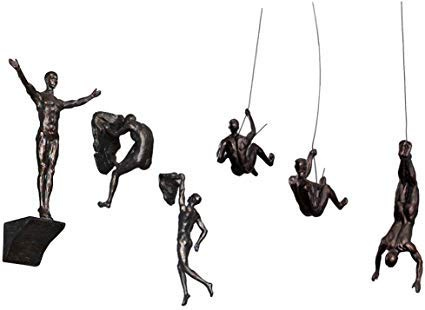 6 x große Bronze-Statuen zum Klettern, Abseilen, Ornamente, Figuren, Set mit 6 Kletterern, Wandkunst, Kunstharz und Metall, Bungee-Springen, Abseilen, Hängender Mann am Draht befestigt
