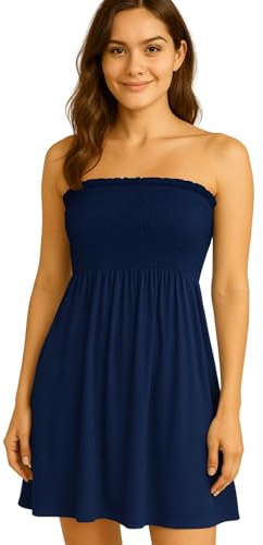 STAR FASHION Women’s Strapless Sheering Ruched Bandeau Dress Plain Boob Tube Sleeveless Midi Dress Summer Holiday Beach Flared Dress Soft Stretch UK 8-22