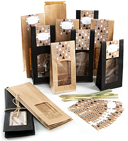 Logbuch-Verlag 20 Kekstüten Lebensmitteltüten Weihnachten mit Banderole Aufkleber für Gebäck Gewürze mit Sichtfenster 8,5 x 5 x 26,5 cm