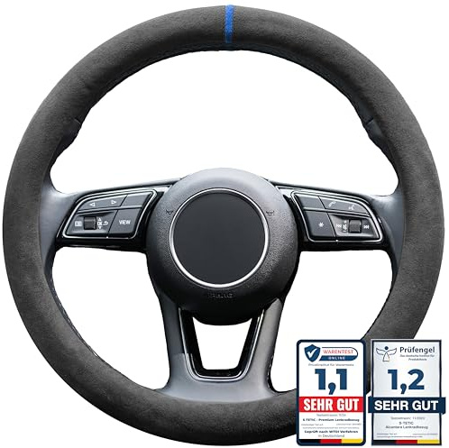 S-TETIC® Premium Lenkradbezug aus Alcantara | Blaue 12-Uhr Markierung | Universalgröße 36-38 cm | Lenkradcover | für Sommer und Winter