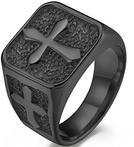 Stainless Steel Signet Style Christian Cross Religious Cocktail Party Biker Statement Wedding Ring (Black, 6)