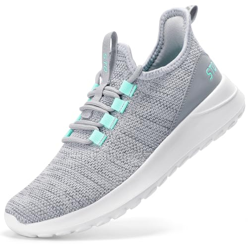 STQ Womens Slip On Sneakers Breathable Orthopedic Tennis Walking Shoes Plantar Fasciitis Workout Gym Cross Training Sneaker Grey Teal 8.5