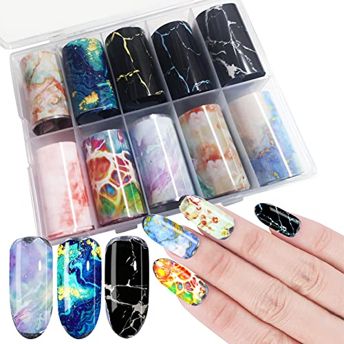 Surakey 10 Rolls Nail Transfert Foil Stickers Autocollant Transfert D'Ongle Foil Stickers Ongle Nail Art Marbre Fleur Flamme Ciel Étoilé Autocollant de Transfert Auto-adhésif pour Nail Décoration