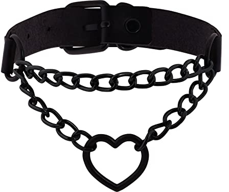 Sacina Goth Heart Chain Choker Necklace, PU Leather Choker, Gothic Punk Grunge Emo Necklace, Halloween Christmas Jewelry Gift for Women, Men