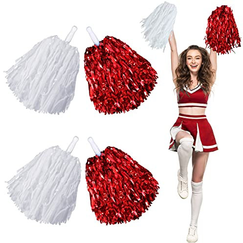 Pompons, Cheerleading, Spirited Fun Cheer, Metallfolie, Griff für Party, Sport, Tanz, je 30 g Gewicht (Weiß, Metallic-Rot), 4 Stück