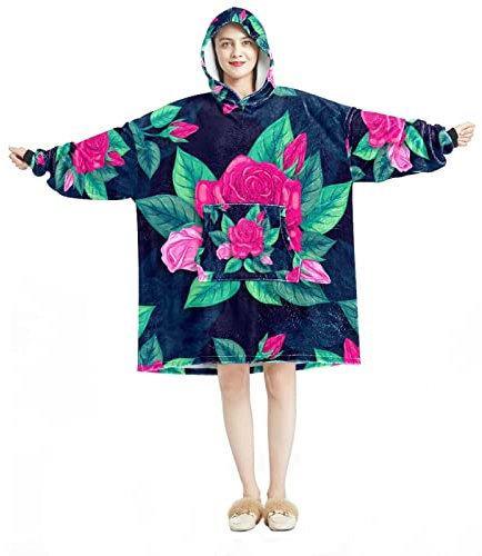 Schöne natürliche Rose Valentinstag rosa Blumen tragbare Decke Hoodie, übergroße Kapuzendecke Sweatshirt, Mehrfarbig, Einheitsgröße